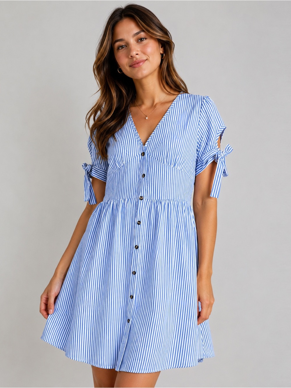 Striped Blue Button-Front V-Neck Dress